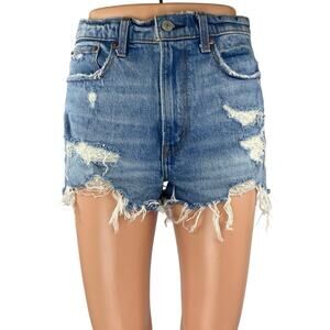 Abercrombie & Fitch Blue Distressed Frayed High Waist Denim Jeans Mom Shorts 25